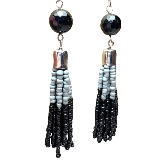 Boho Black Gray Silver Tone Tassel Fringe Earring - Picture 8 of 8